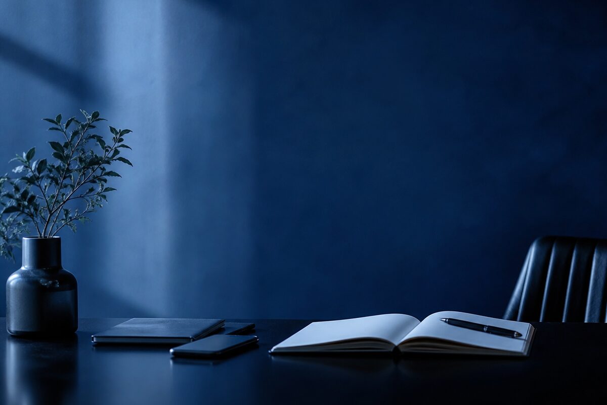 A support specialist at a lit desk taking a call