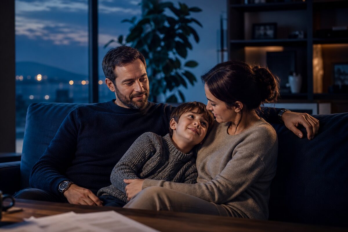 A family at a kitchen table reviewing documents