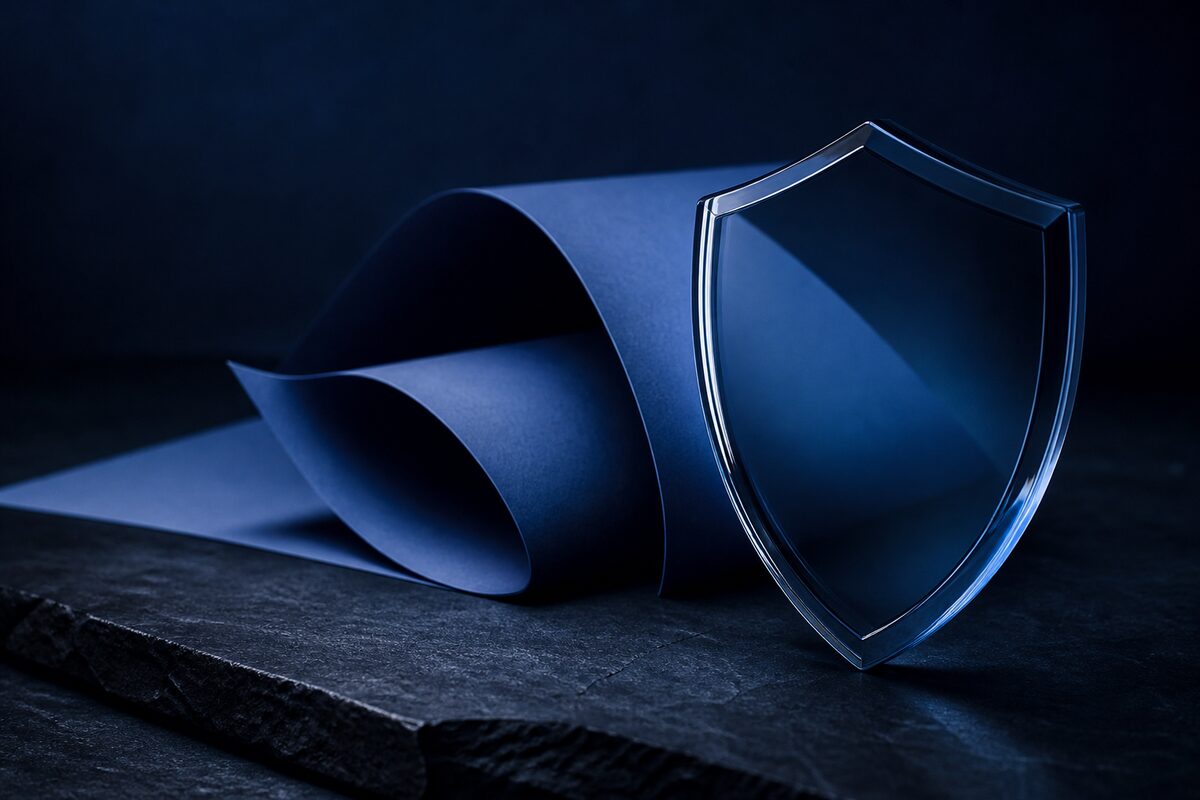 A bound policy folder and a pen resting on a dark desk