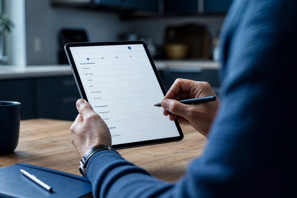 An agent showing options on a tablet to a client across a table