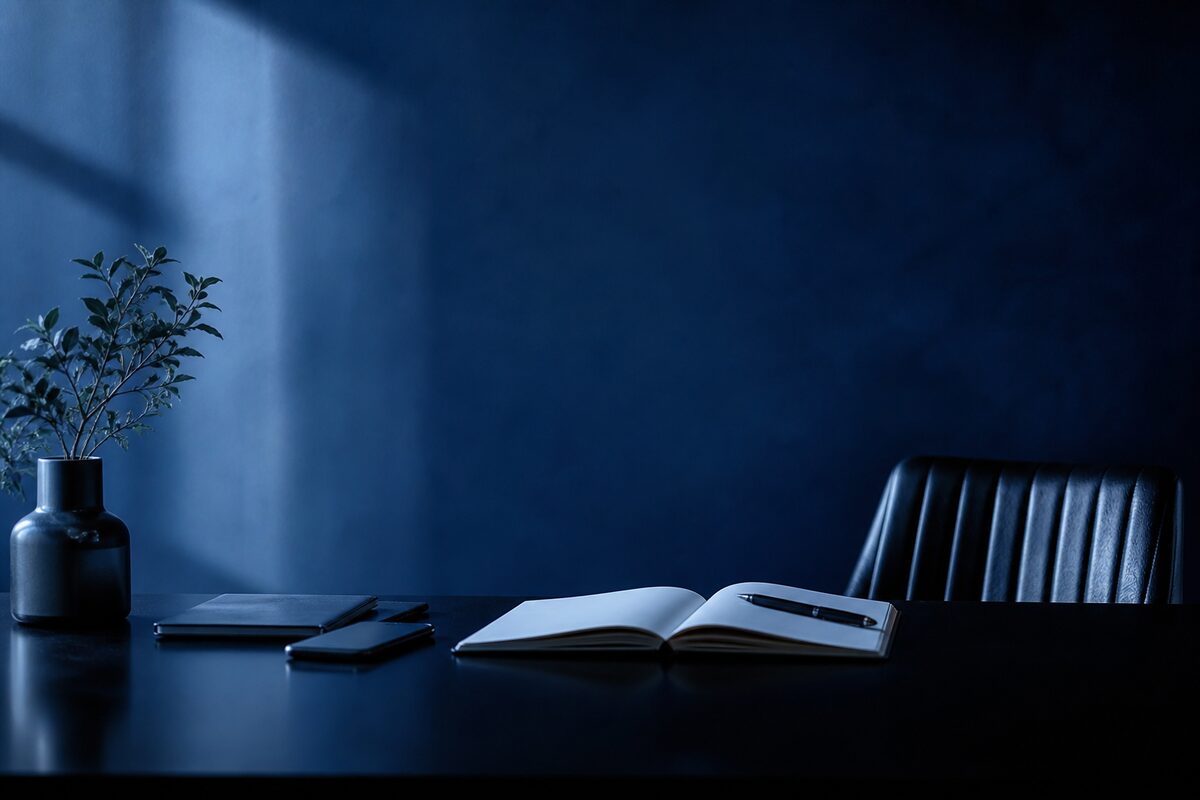 A support specialist at a lit desk