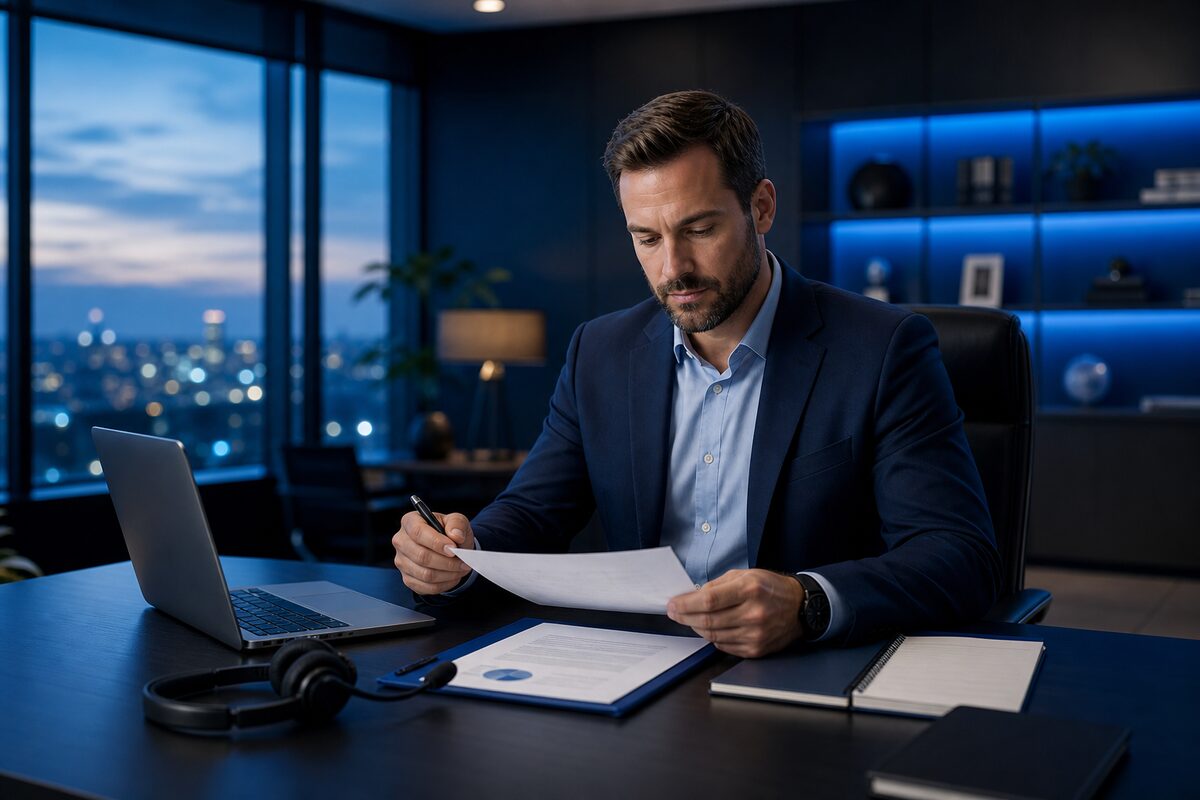 An agent reviewing a case on a laptop
